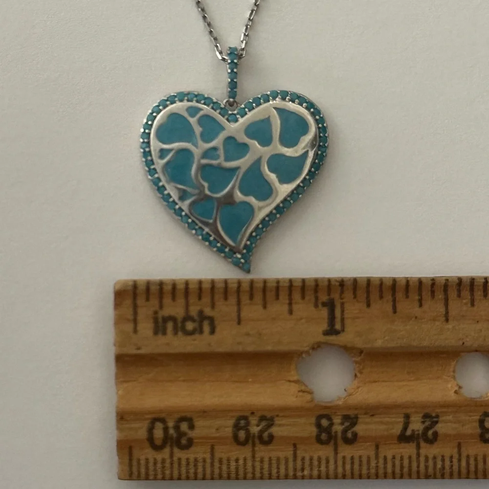 925 Silver hearts in a heart enamel turquoise necklace